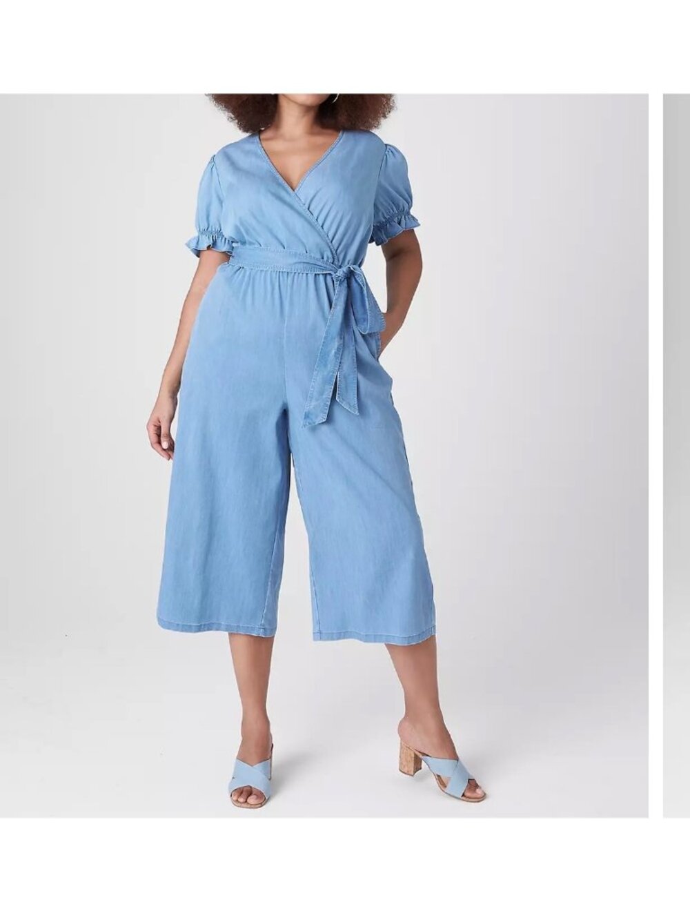 Lane Bryant womens Puff-Sleeve Belted Blue Chambray Jumpsuit plus size 20